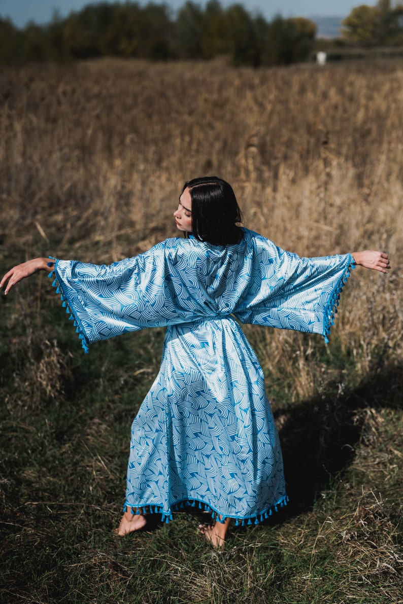 Blue Satin Kimono, Bohemian Long Cardigan, Kimono Dressing Gown, Boho Cardigan, Vintage Kimono, Summer Maxi Dress, Kimono Robe Long image 2