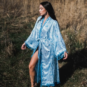 Blue Satin Kimono, Bohemian Long Cardigan, Kimono Dressing Gown, Boho Cardigan, Vintage Kimono, Summer Maxi Dress, Kimono Robe Long image 5