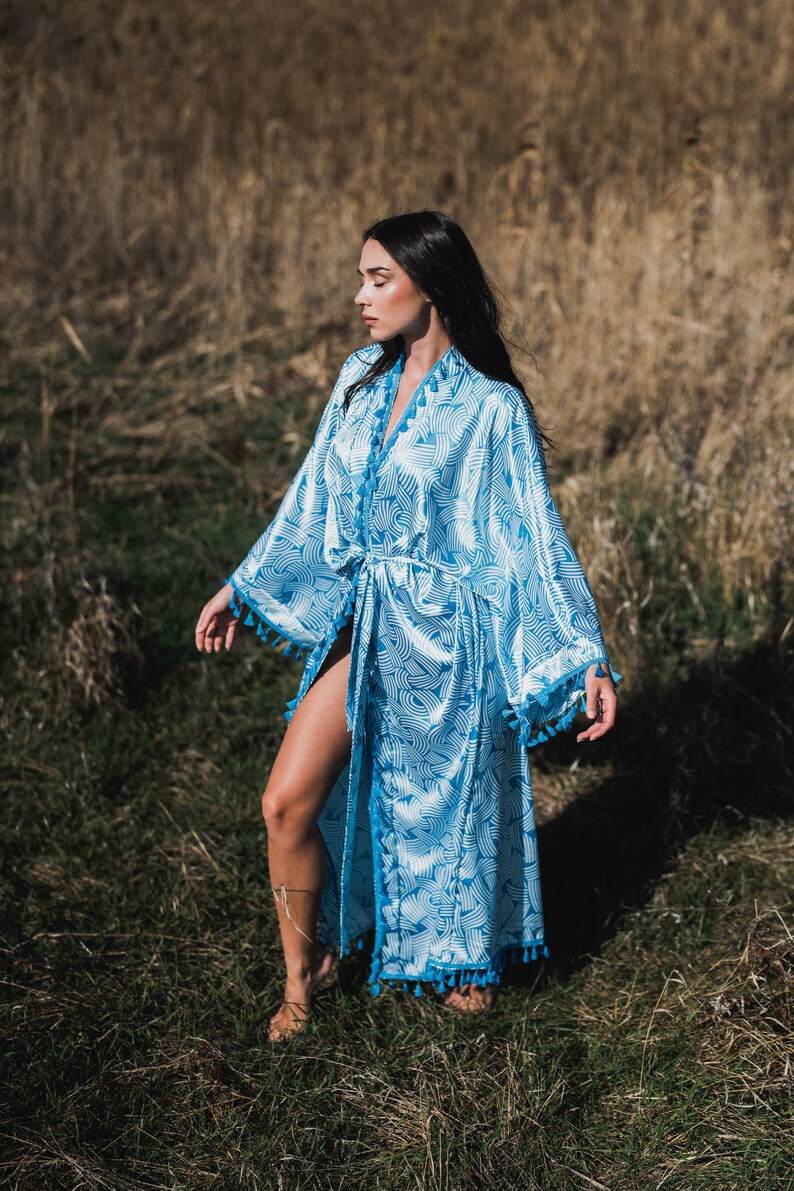 Blue Satin Kimono, Bohemian Long Cardigan, Kimono Dressing Gown, Boho Cardigan, Vintage Kimono, Summer Maxi Dress, Kimono Robe Long image 5