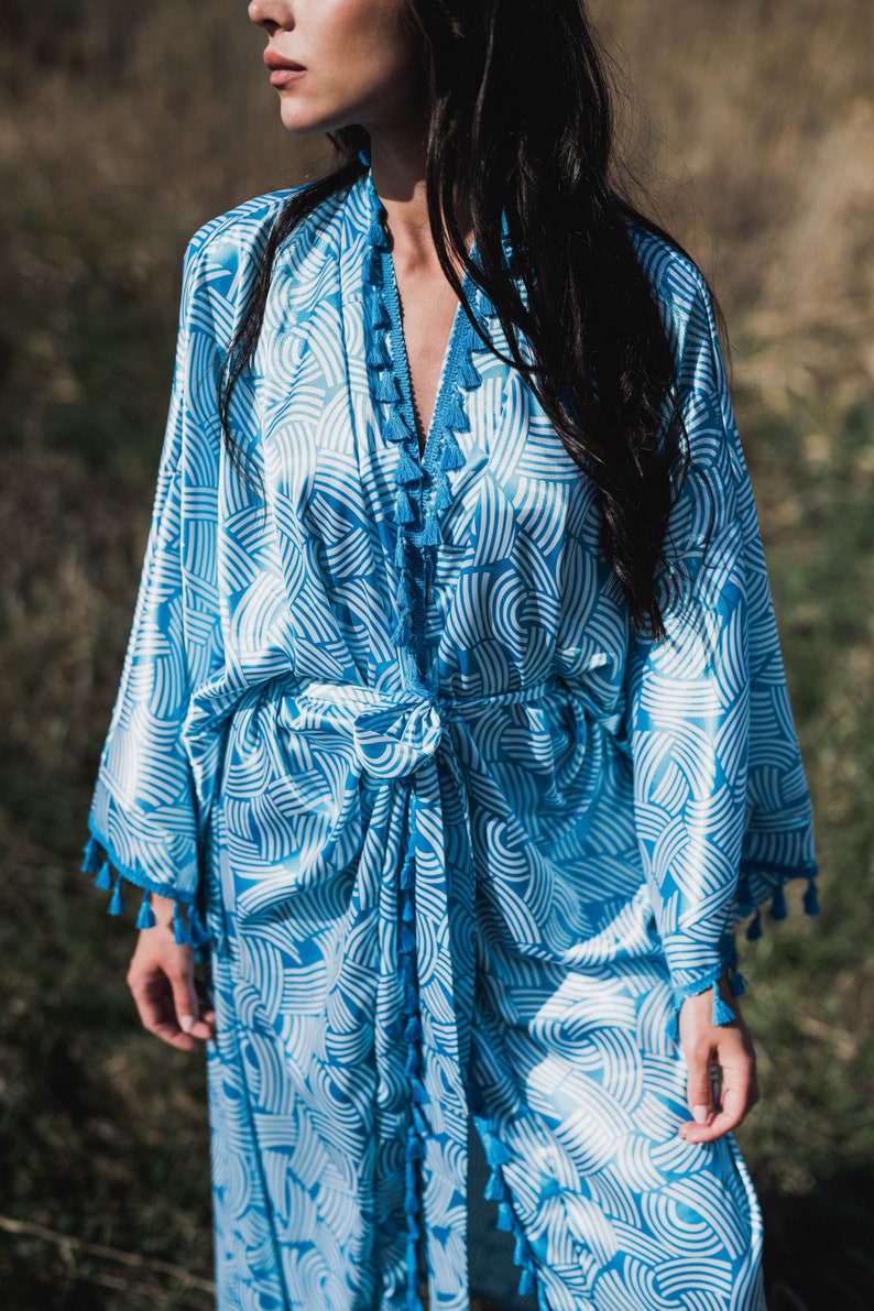 Blue Satin Kimono, Bohemian Long Cardigan, Kimono Dressing Gown, Boho Cardigan, Vintage Kimono, Summer Maxi Dress, Kimono Robe Long image 4