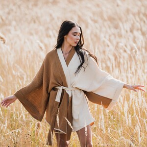 Cotton Kimono Cardigan, Kimono Dressing Gown, Brown Boho Cardigan, Bohemian Short Robe, Wide Sleeves Kimono Robe, Women Festival Coat image 3