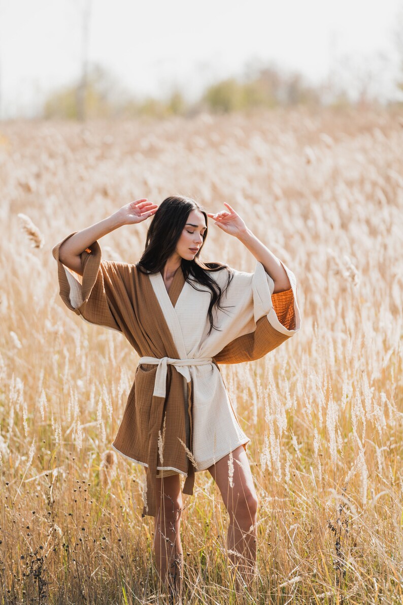 Cotton Kimono Cardigan, Kimono Dressing Gown, Brown Boho Cardigan, Bohemian Short Robe, Wide Sleeves Kimono Robe, Women Festival Coat image 4
