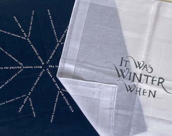 Two Handkerchiefs •  Hand-printed • 100% Cotton • SNOWFLAKE design • Gift • Snow Winter • Him Her Hiking Skiing • Blue White • Visual Poetry