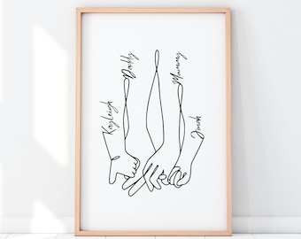 Personalized Hands Print, Family of 4, Family Poster, Custom Family Print, Minimalist Hand Print, Hand Line Art, Digital Download