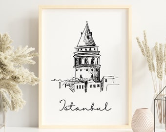 Istanbul Wall Art, Galata Tower Print, Istanbul Poster, Turkey Line Art, Travel Landmark, Digital Download, Printable Wall Art