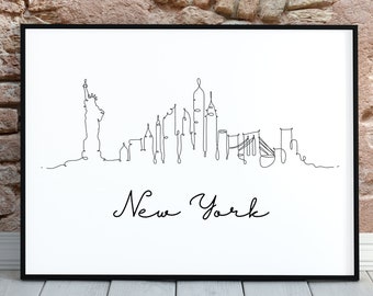 NEW YORK Print, New York Skyline, New York Poster, New York Line Art, Travel Landmark, Digital Download, Printable Wall Art, Cityscape