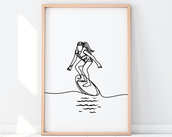 Surfer Print, Surf Line Art, Minimalist Surf Print, Digital Download, Surf Print, Extreme Sport, Surfer  Girl Poster