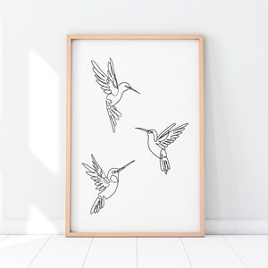 Hummingbird Print, Bird Line Art, Printable Wall Art, Hummingbird Poster, Minimalist Art, Digital Download, 3 Hummingbirds image 1