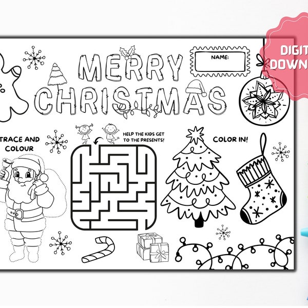 Christmas Activity Sheet, Christmas Placemat, Kids Activity Sheet, Party Activity, Coloring Page, Printable Placemat, Festive Activities