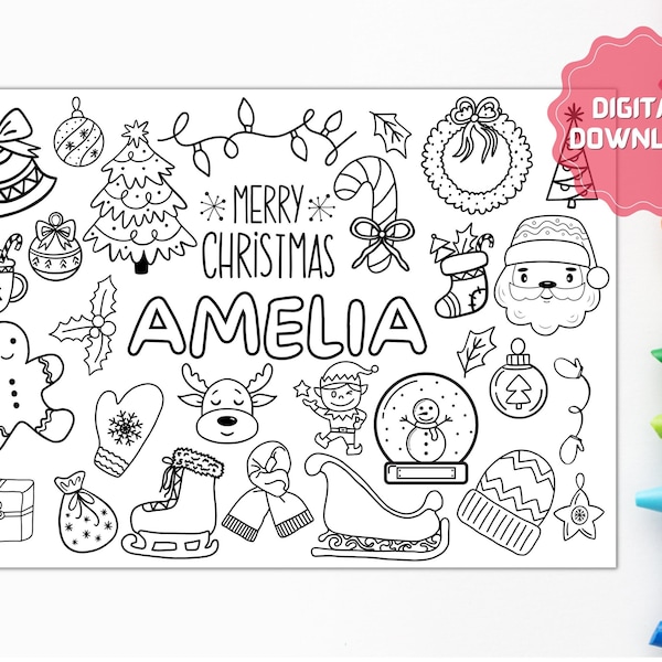 PERSONALIZED Christmas Coloring Sheet, Stocking Filler, Printable Placemat, Kids Activity Sheet, Party Activity, Coloring Page