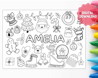 PERSONALIZED Christmas Coloring Sheet, Printable Placemat, Stocking Filler, Kids Activity Sheet, Party Activity, Coloring Page
