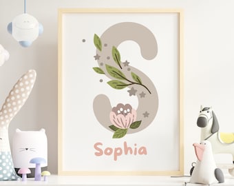 Custom Name / Floral Nursery Decor / Printable Wall Art / Digital Instant Download / Floral Initial