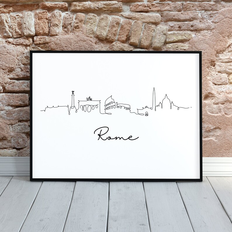 May include: A black and white line art print of the Rome skyline with the word "Rome" written below the skyline.