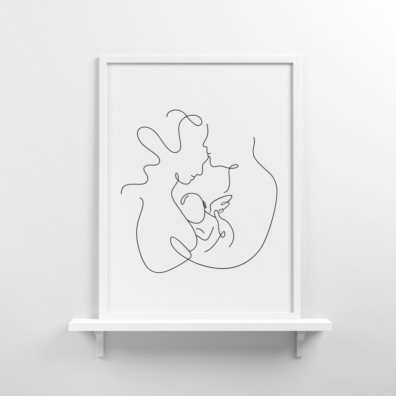 May include: A black and white line drawing of a family. A couple is holding a baby in their arms. The drawing is simple and minimalist.