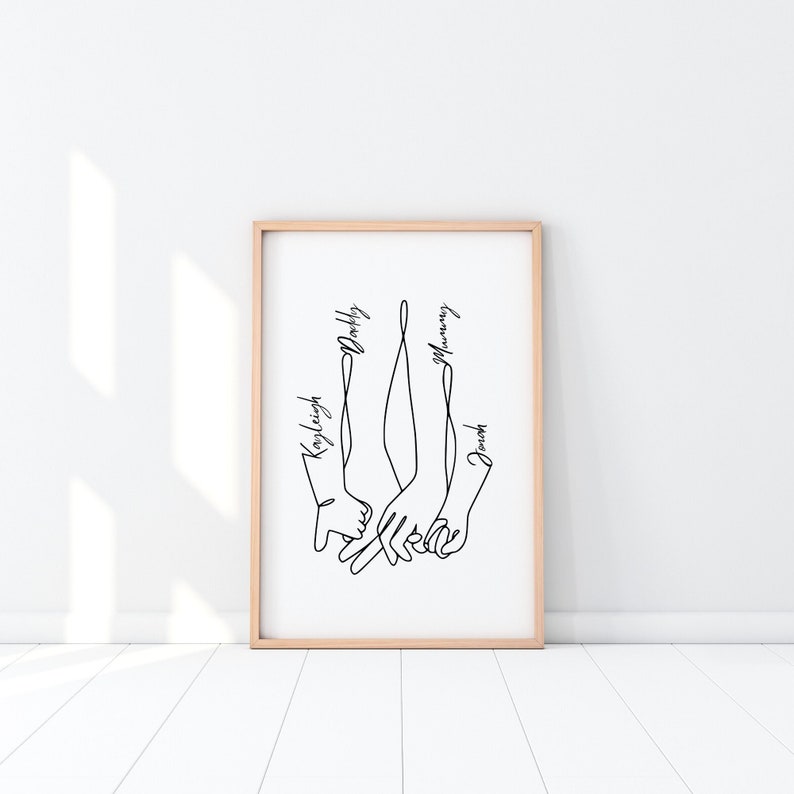Personalized Hands Print, Family of 4, Family Poster, Custom Family Print, Minimalist Hand Print, Hand Line Art, Digital Download image 1