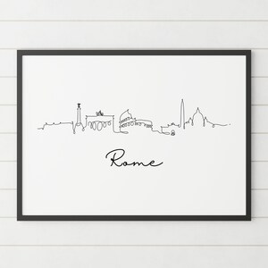 May include: Black and white line art print of the Rome skyline with the text "Rome" below the skyline.