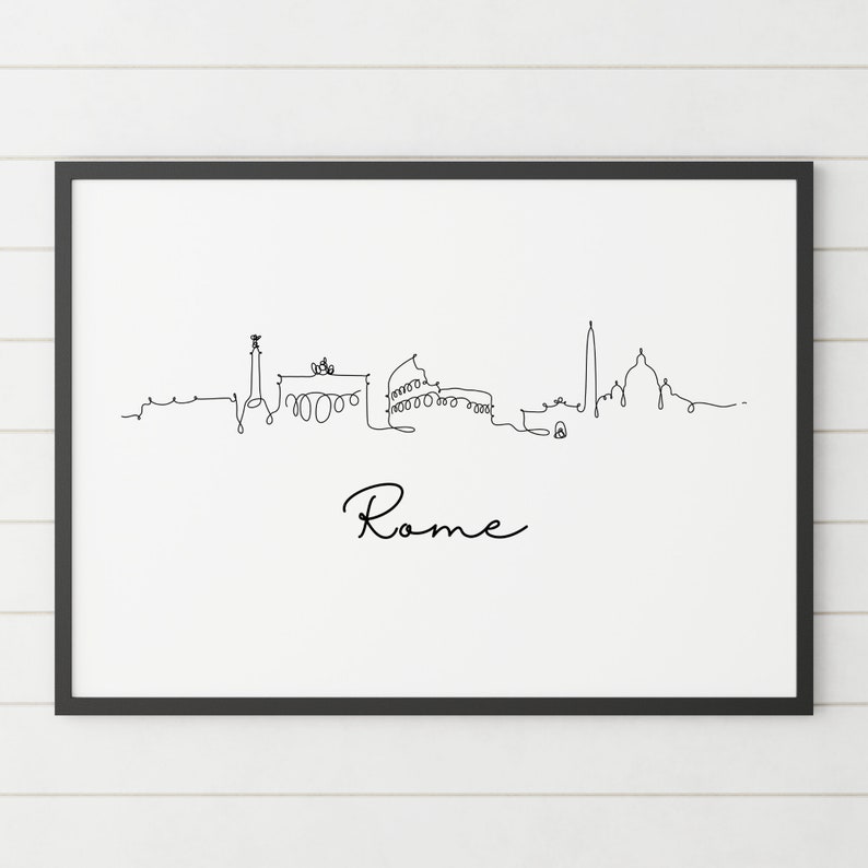 May include: Black and white line art print of the Rome skyline with the text "Rome" below the skyline.