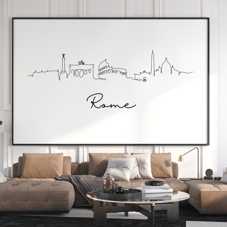 May include: A black and white line drawing of the Rome skyline, with the word "Rome" written in cursive below the skyline.