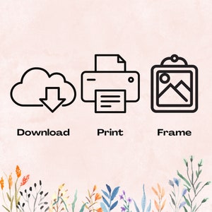 May include: Black and white line art icons depicting the steps to create a framed print: download, print, and frame.