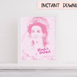 May include: Pink digital illustration of a woman with long hair and the text "Blush & Bashful" in pink.