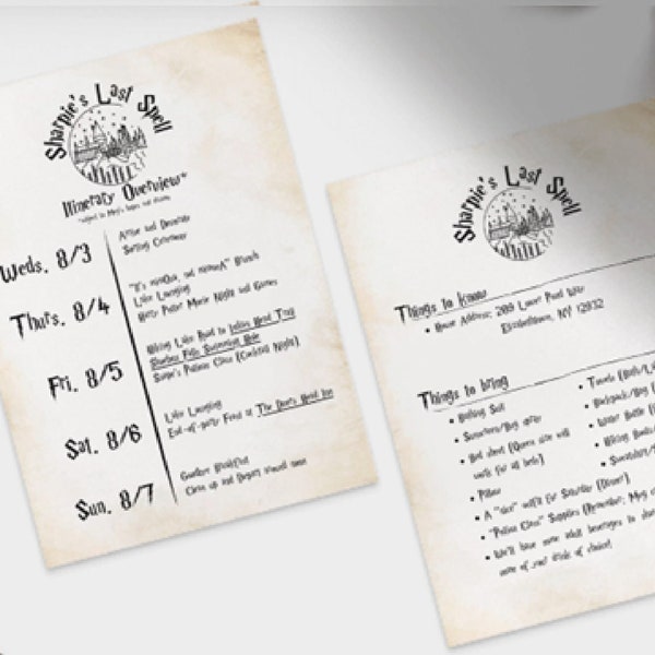 Hogwarts Wizard/Witch Potter Vacation Wedding Bachelorette Hen Bachelor Party Summary and Daily Itinerary Editable Canva Template