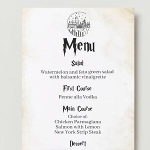 May include: A vintage-style menu with a black and white illustration of a castle. The menu lists the following items: Salad, Watermelon and feta green salad with balsamic vinaigrette, First Course, Penne alla Vodka, Main Course, Choice of: Chicken Parmagiana, Salmon with Lemon, New York Strip Steak, Dessert, Red Velvet Cake, Assorted Pastries.