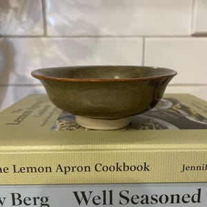 Könnte beinhalten: Eine kleine, olivgrüne Keramikschale mit hellem Boden und dunkelbraunem Rand. Die Schale steht auf Kochbüchern, darunter "The Lemon Apron Cookbook" und "Well Seasoned". Das Bild hat ein kulinarisches Thema.