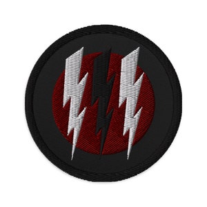 May include: Black and red embroidered patch with three white lightning bolts in a circle.