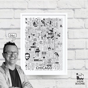 May include: Black and white illustrated map of Chicago, Illinois, with the text "Chicago Windy Since 1837". The map shows the city's neighborhoods, landmarks, and points of interest.