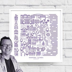 May include: A framed print featuring a detailed line art illustration of Evanston, Illinois, in shades of purple. The artwork includes buildings, trees, and water elements, with the city name at the bottom. The print is in a white frame.