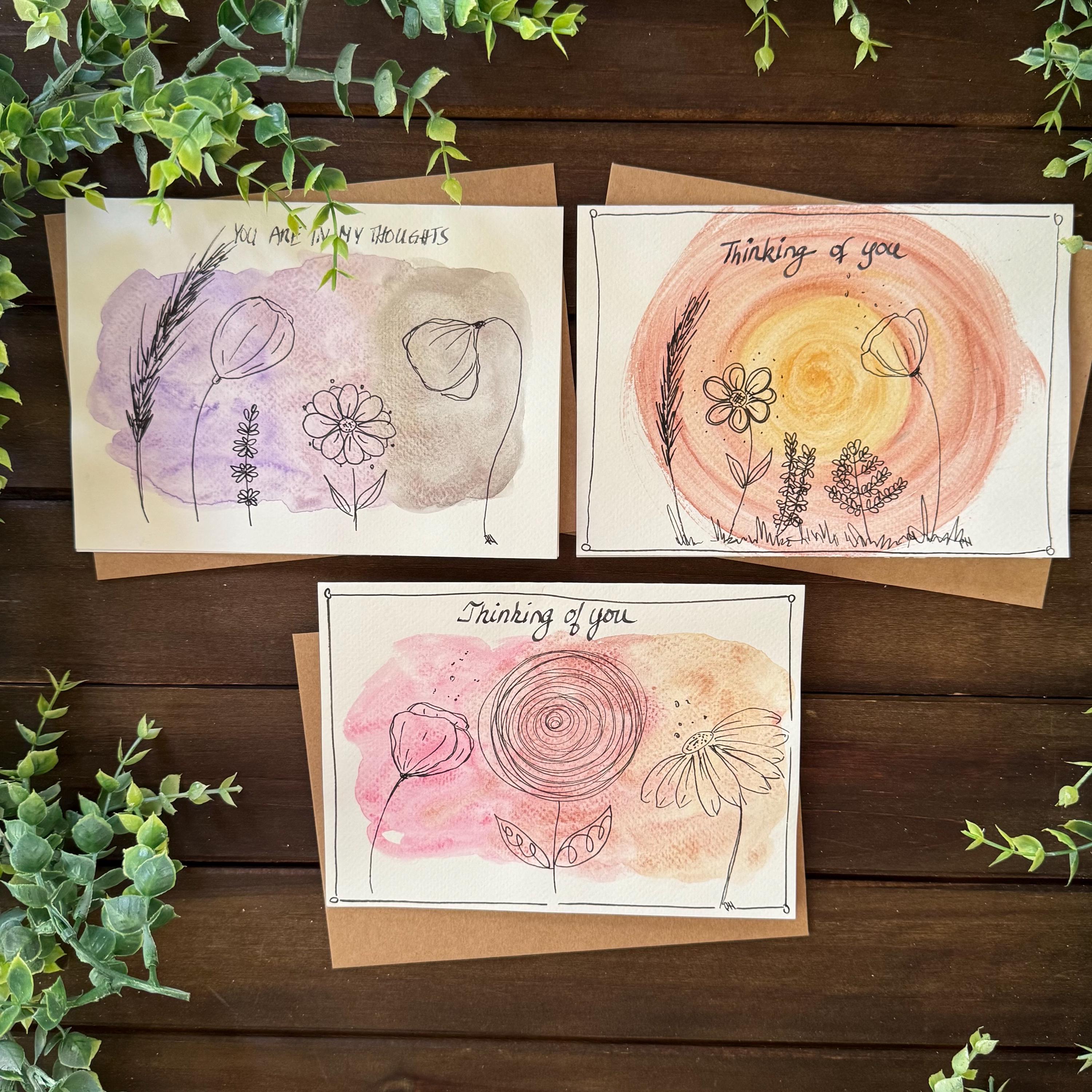 Thinking of You Cards | Sympathy Card Set of 3 | Hand-painted Metallic Watercolor and Ink Design