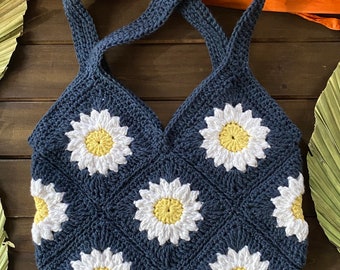 Handmade Blue Jeans Daisy Granny Square Crochet Bag | Colorful Tote with Lining | Shoulder Purse | Retro-hip Afghan Bag | Eco-Friendly