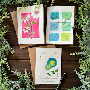 Hand-painted Watercolor Birthday Card Set: Whimsical Floral Design