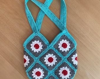 Handmade Daisy Granny Square Crochet Bag | Colorful Tote with Lining | Shoulder Purse | Retro-hip Afghan Bag | Turquoise/Red | Eco-Friendly
