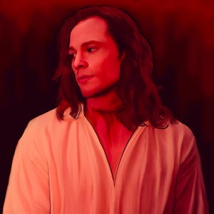 May include: A digital painting of a person with long, reddish-brown hair and a light-colored shirt. The person is looking to the side with a thoughtful expression. The background is a dark red, creating a dramatic effect.