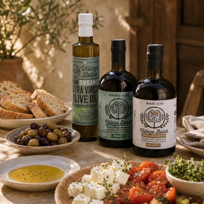 K&ouml;nnte beinhalten: Drei Glasflaschen Village Batch Bio-Oliven&ouml;l extra vergine mit wei&szlig;-gr&uuml;nen Etiketten, begleitet von Schalen mit Oliven, geschnittenem Brot, Feta, Kirschtomaten und frischen Kr&auml;utern auf einem rustikalen Tisch.