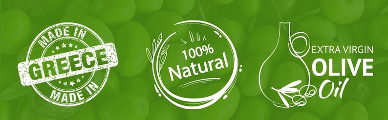 May include: A green background featuring three white circular icons. The first is a stamp reading MADE IN GREECE. The second is a circular emblem with leaves and the text 100% Natural. The third is a line drawing of an olive oil cruet with the text EXTRA VIRGIN OLIVE Oil.
