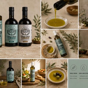 K&ouml;nnte beinhalten: Eine Sammlung von Village Batch Bio-Oliven&ouml;l extra nativ Flaschen mit verschiedenen Etiketten. Die Flaschen zeigen ein Baumlogo und Text, der auf die Herkunft aus einer einzigen Farm, Rohzustand, ungefiltert, Bio-Qualit&auml;t und fr&uuml;he Ernte hinweist.