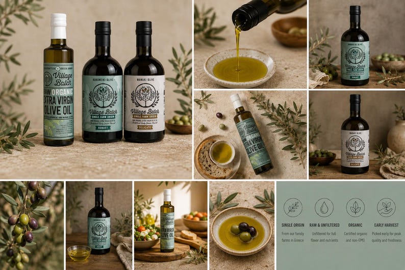 K&ouml;nnte beinhalten: Eine Sammlung von Village Batch Bio-Oliven&ouml;l extra nativ Flaschen mit verschiedenen Etiketten. Die Flaschen zeigen ein Baumlogo und Text, der auf die Herkunft aus einer einzigen Farm, Rohzustand, ungefiltert, Bio-Qualit&auml;t und fr&uuml;he Ernte hinweist.