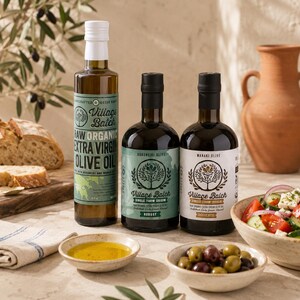 K&ouml;nnte beinhalten: Drei Glasflaschen mit Village Batch nativem Oliven&ouml;l extra. Eine hohe Flasche mit wei&szlig;em Verschluss und zwei k&uuml;rzere Flaschen mit schwarzen Verschl&uuml;ssen. Die Etiketten enthalten Texte wie Village Batch, Raw Organic Extra Virgin Olive Oil, Robust und Delicate.