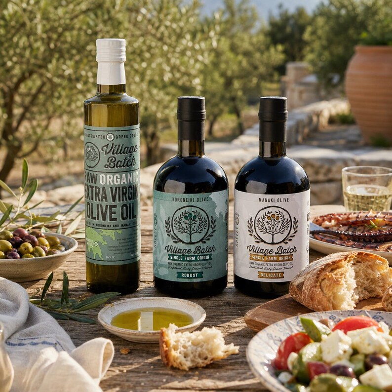 K&ouml;nnte beinhalten: Drei Glasflaschen mit biologischem nativem Oliven&ouml;l extra von Village Batch. Eine hohe Flasche mit gr&uuml;nem Etikett und zwei k&uuml;rzere Flaschen mit hellblauen und wei&szlig;en Etiketten, die Baumillustrationen, Text und Olivensorten zeigen.