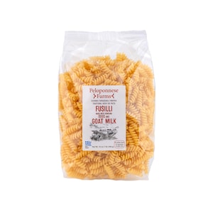 May include: A clear plastic bag filled with uncooked fusilli pasta. The pasta is a golden yellow color and has a spiral shape. The bag has a label that reads "Peloponnese Farms Fusilli" and lists ingredients including eggs and goat milk.