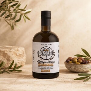 K&ouml;nnte beinhalten: Eine dunkle Glasflasche mit Manaki Olive Village Batch, einem rohen, biologischen nativen Oliven&ouml;l extra. Das wei&szlig;e Etikett zeigt eine Baumillustration sowie den Text "Village Batch", "Single Farm Origin" und "Delicate".