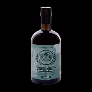 May include: A dark glass bottle of Village Batch single farm origin raw organic extra virgin olive oil. The label is light green with a dark green tree illustration, the text Koroneiki Olive, and the word Robust in a dark green rectangular box.
