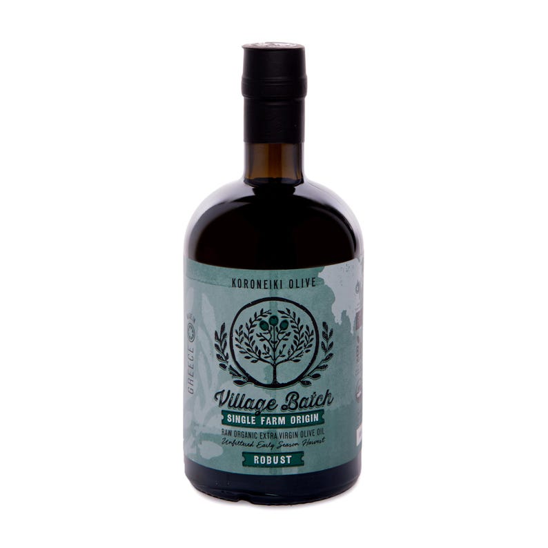 May include: A dark glass bottle of Village Batch single farm origin extra virgin olive oil with a black cap. The label is light green with a dark green olive tree illustration, text reading Koroneiki Olive, and the word Robust in a box.
