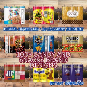 Può includere: Un collage di bicchieri dritti sottili da 20 once con vari marchi di caramelle e snack. I design includono Cinnamon Toast Crunch, Sour Patch Kids, Ferrero Rocher, Cheetos, Doritos, Haribo Goldbears, Jif, Nesquik e Cadbury Dairy Milk. Il testo recita "DOWNLOAD DIGITALE" e "DOWNLOAD IMMEDIATO".