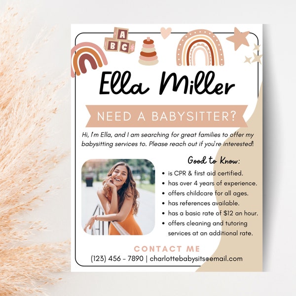 Editable Boho Babysitter Flyer, Printable Flyer, School ChurchInvite, Childcare Services Community Caretaker, Small Business TEMPLATE