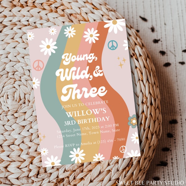 Editable Young, Wild and Three Birthday Invitation, 3rd Birthday Party, Daisy Rainbow Groovy Invite Hippie Retro Printable Instant Download