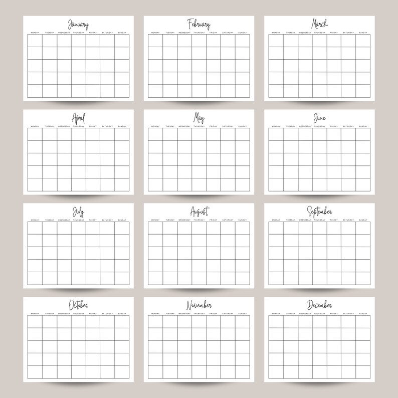 Simple Monthly Blank Calendar sunday-start Reusable Template 11 X 8.5 ...