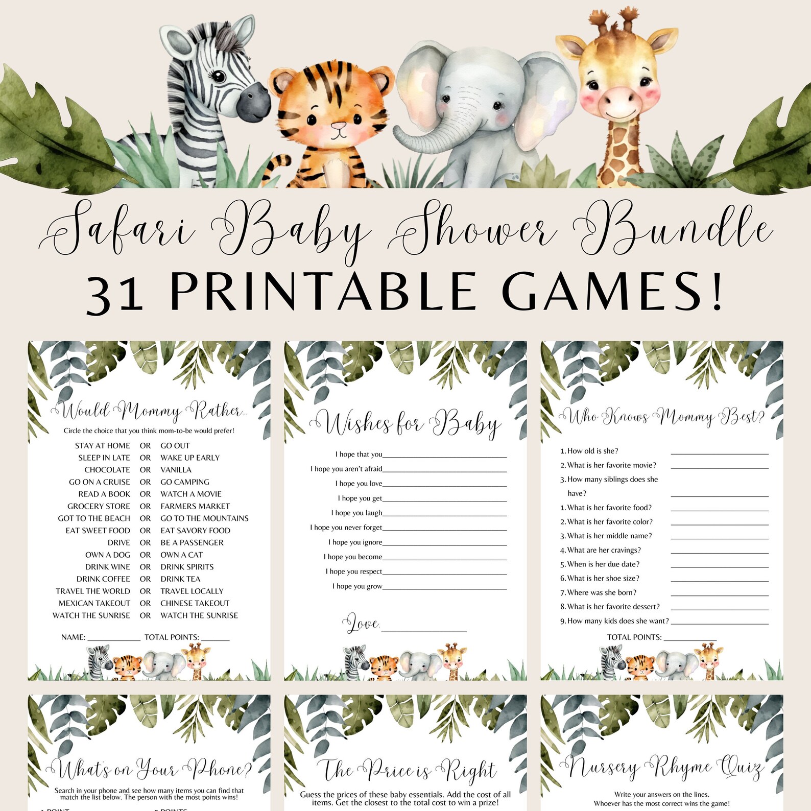 Safari Baby Shower Games Bundle Printable Jungle Baby Shower Games, Jungle Animals Baby Shower ...